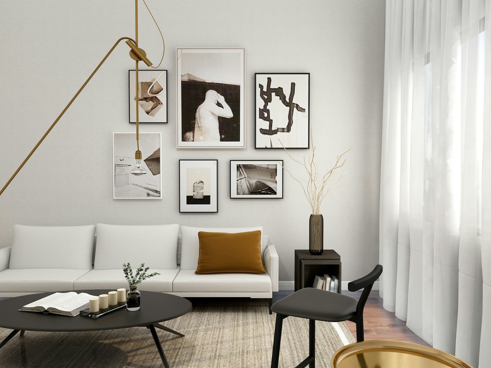 Modern apartment living room interior with sofa and gallery wall